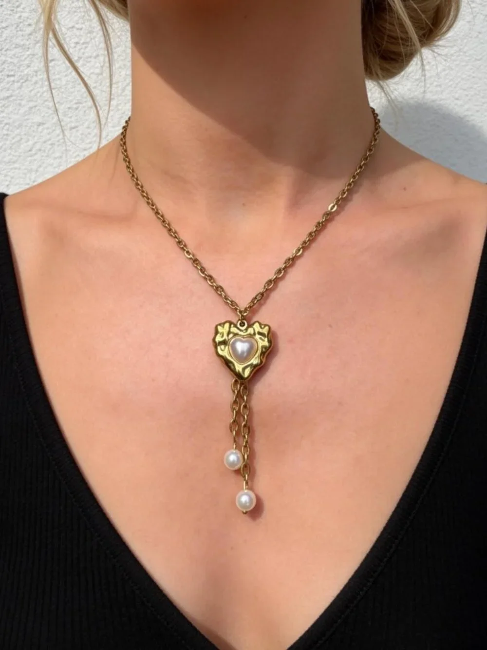 Gold Heart Pearl Drop Necklace Stainless Steel - Picture 4 of 13